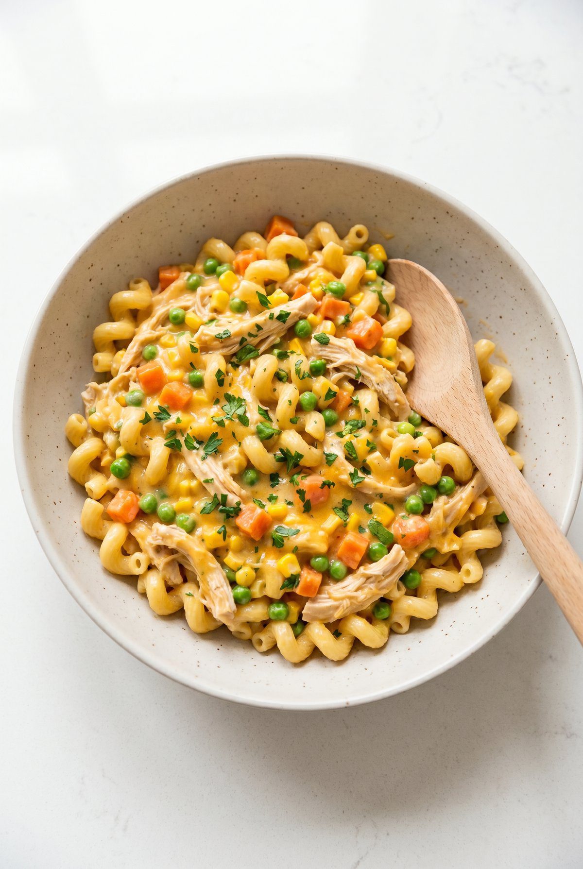 Crockpot Chicken Pot Pie Pasta ready to serve