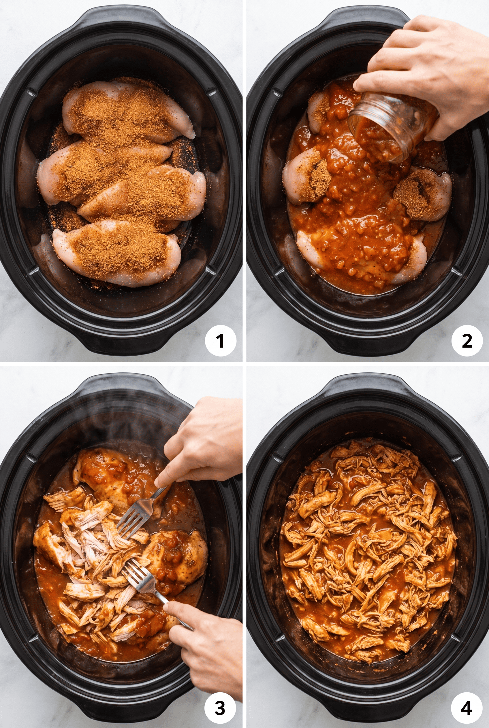 Step by step process collage for making crockpot chicken tacos