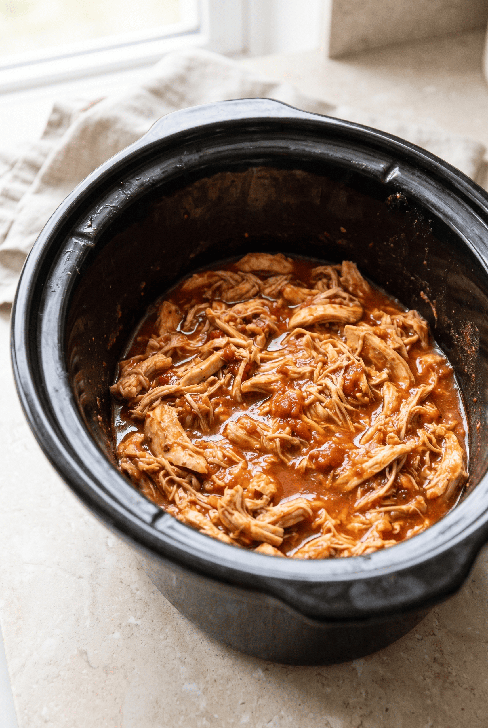 Crockpot chicken taco filling finished in the slow cooker