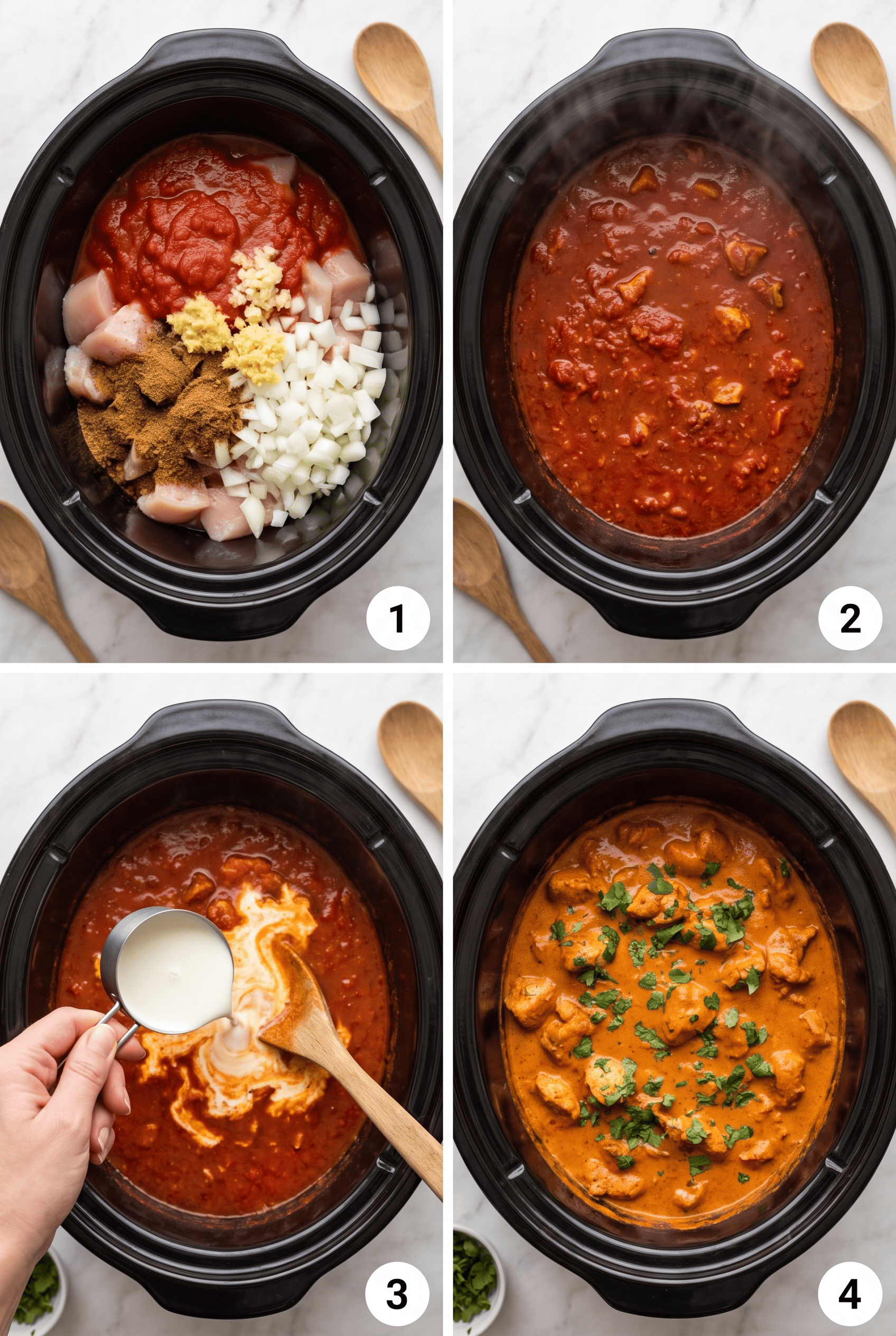 Step by step process collage for making crockpot chicken tikka masala