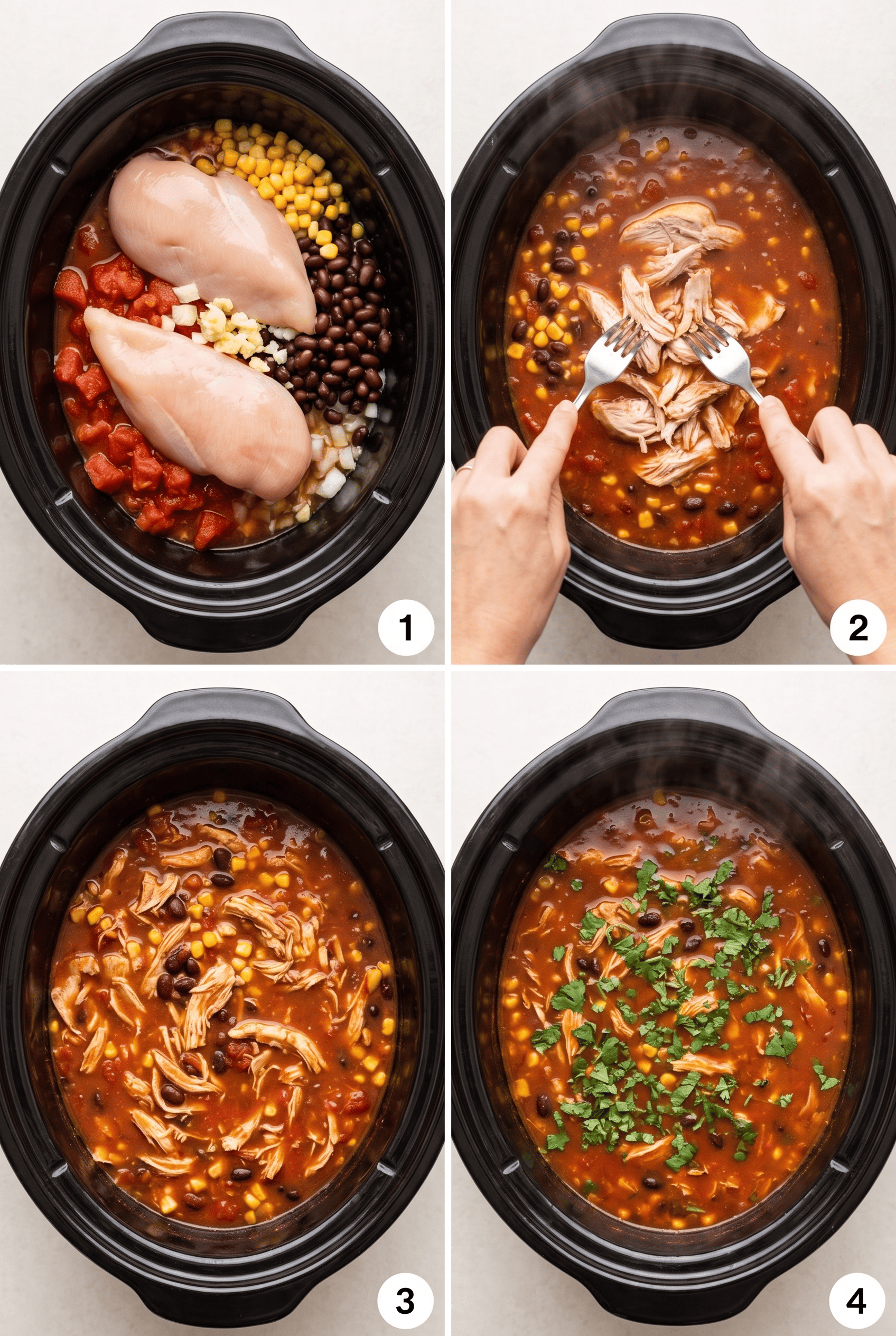 Step by step process collage for making crockpot chicken tortilla soup
