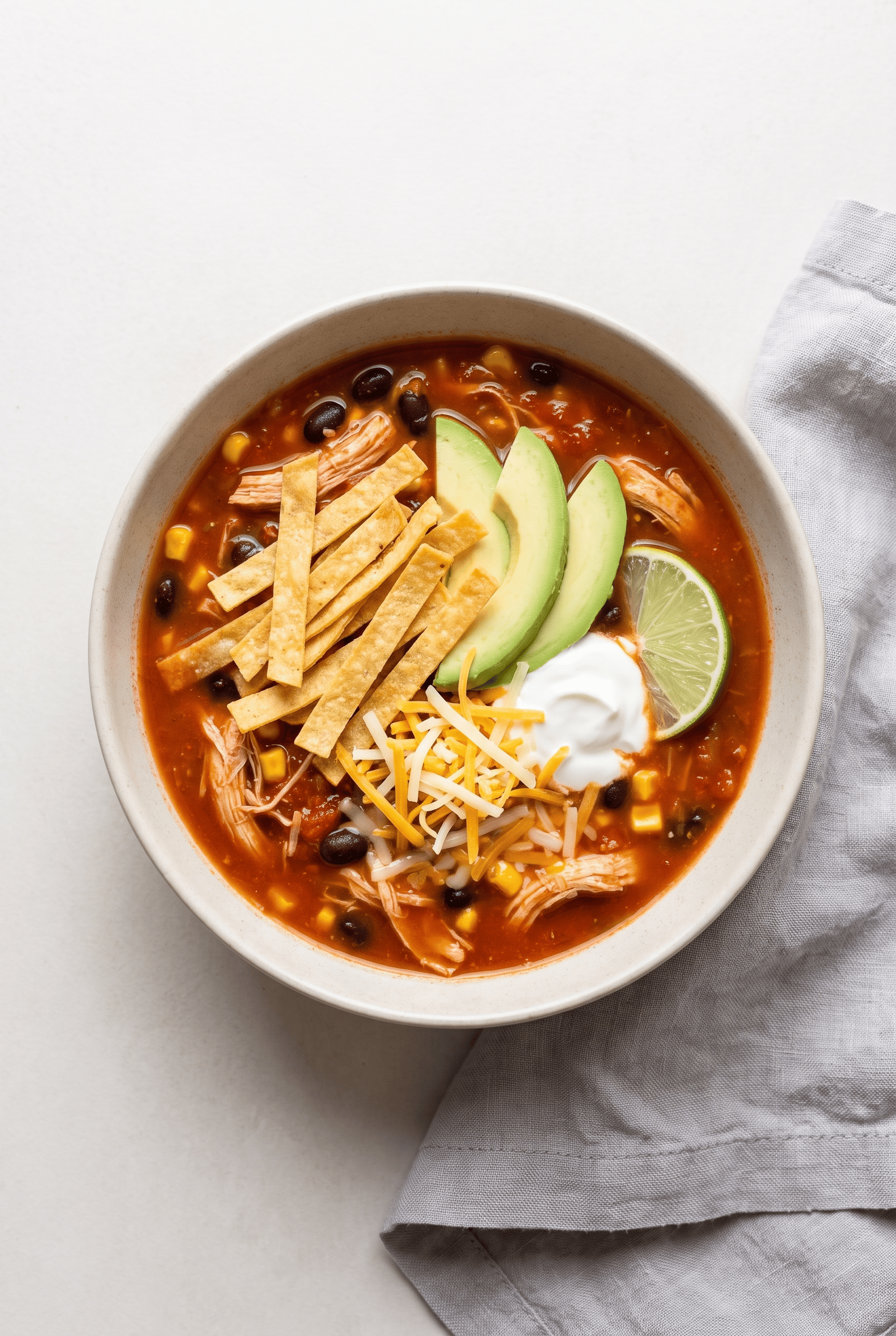 Overhead view of crockpot chicken tortilla soup