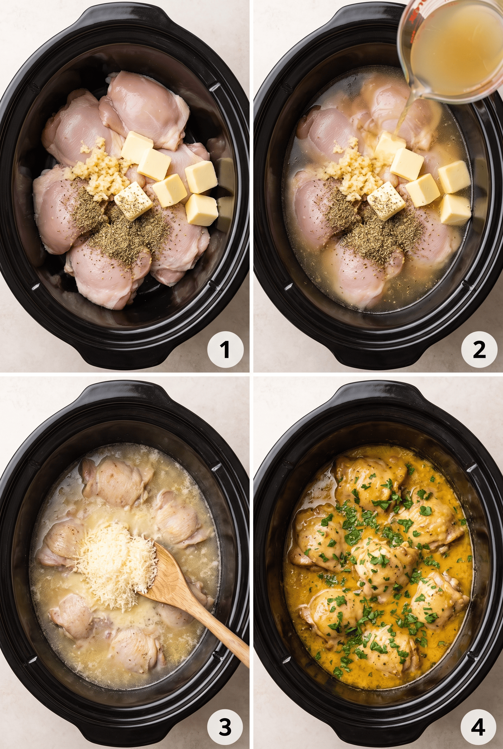 Step by step process collage for making crockpot garlic parmesan chicken