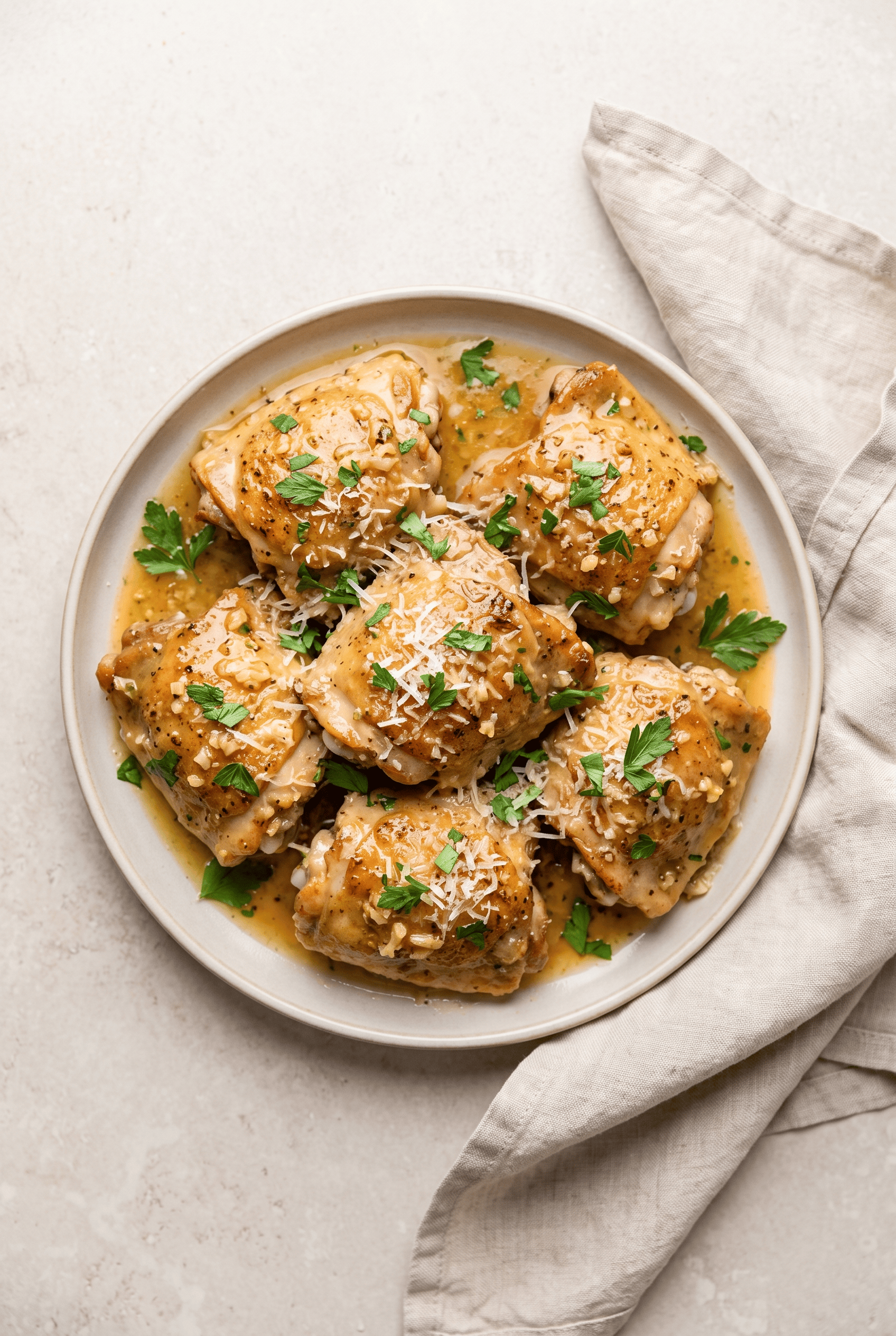 Overhead view of crockpot garlic parmesan chicken