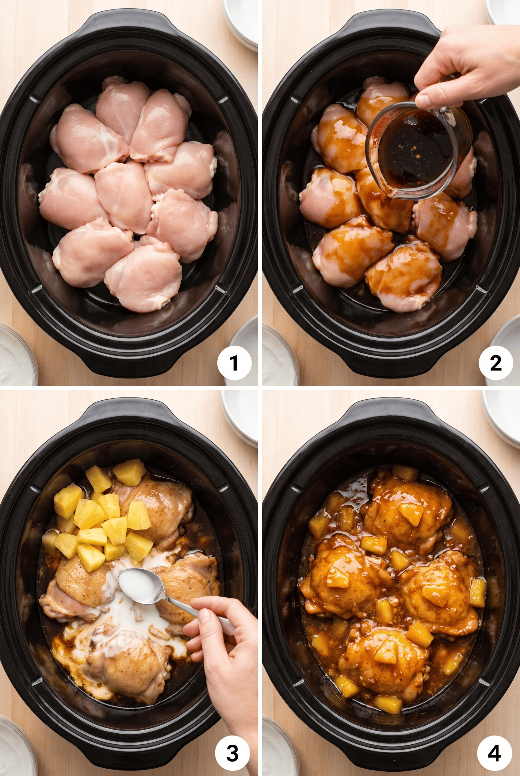 Step by step process collage for making crockpot hawaiian chicken