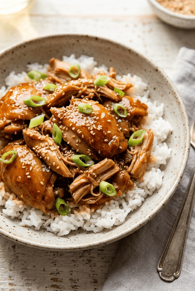 Crockpot honey garlic chicken served over rice, garnished with sesame seeds and green onions