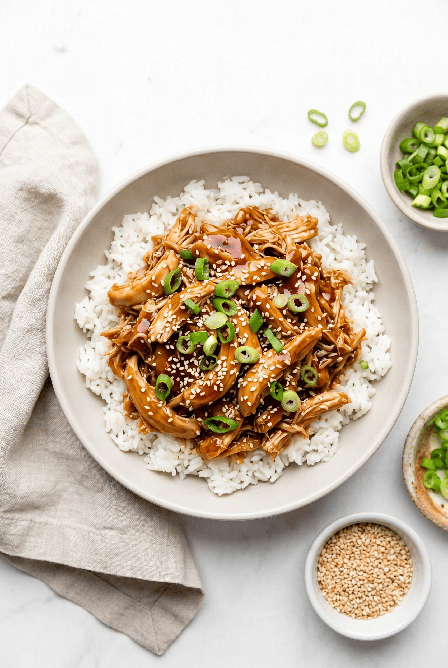 Overhead view of crockpot honey garlic chicken over rice