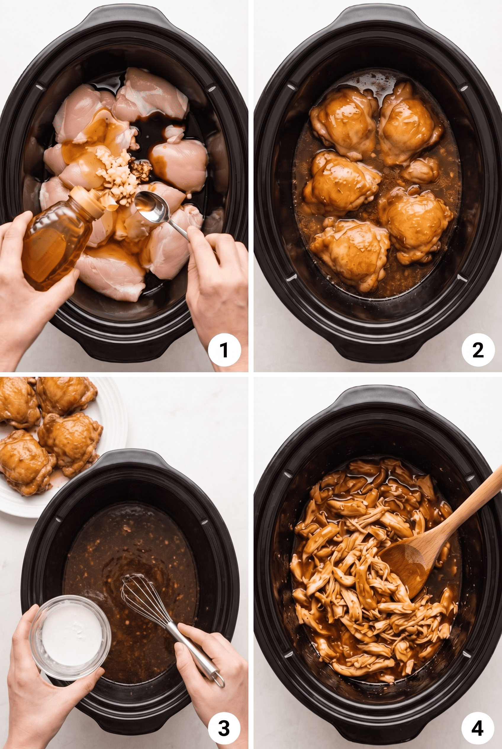 Step by step process collage for making crockpot honey garlic chicken, including thickening the sauce with a cornstarch slurry