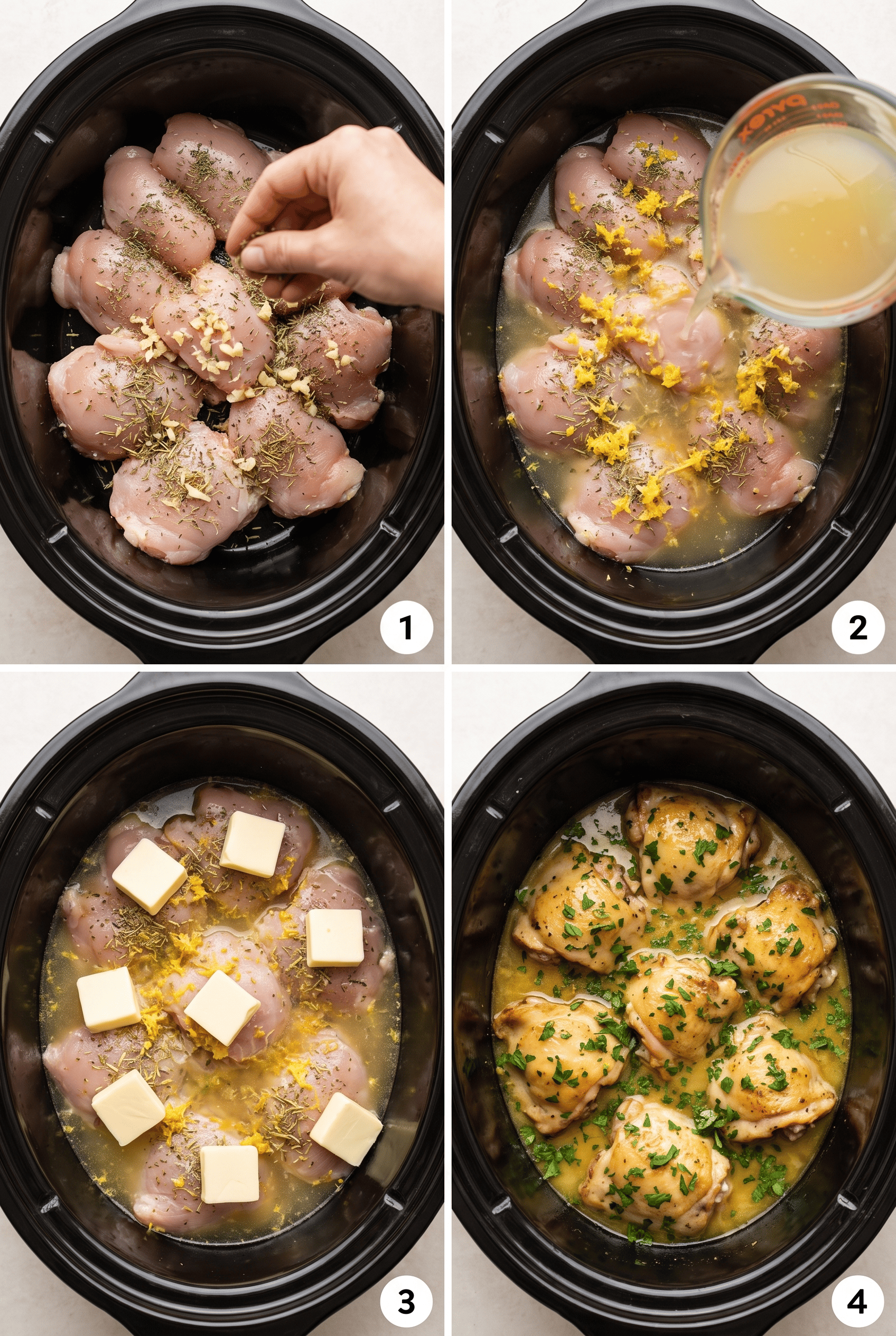 Step by step process collage for making crockpot lemon herb chicken