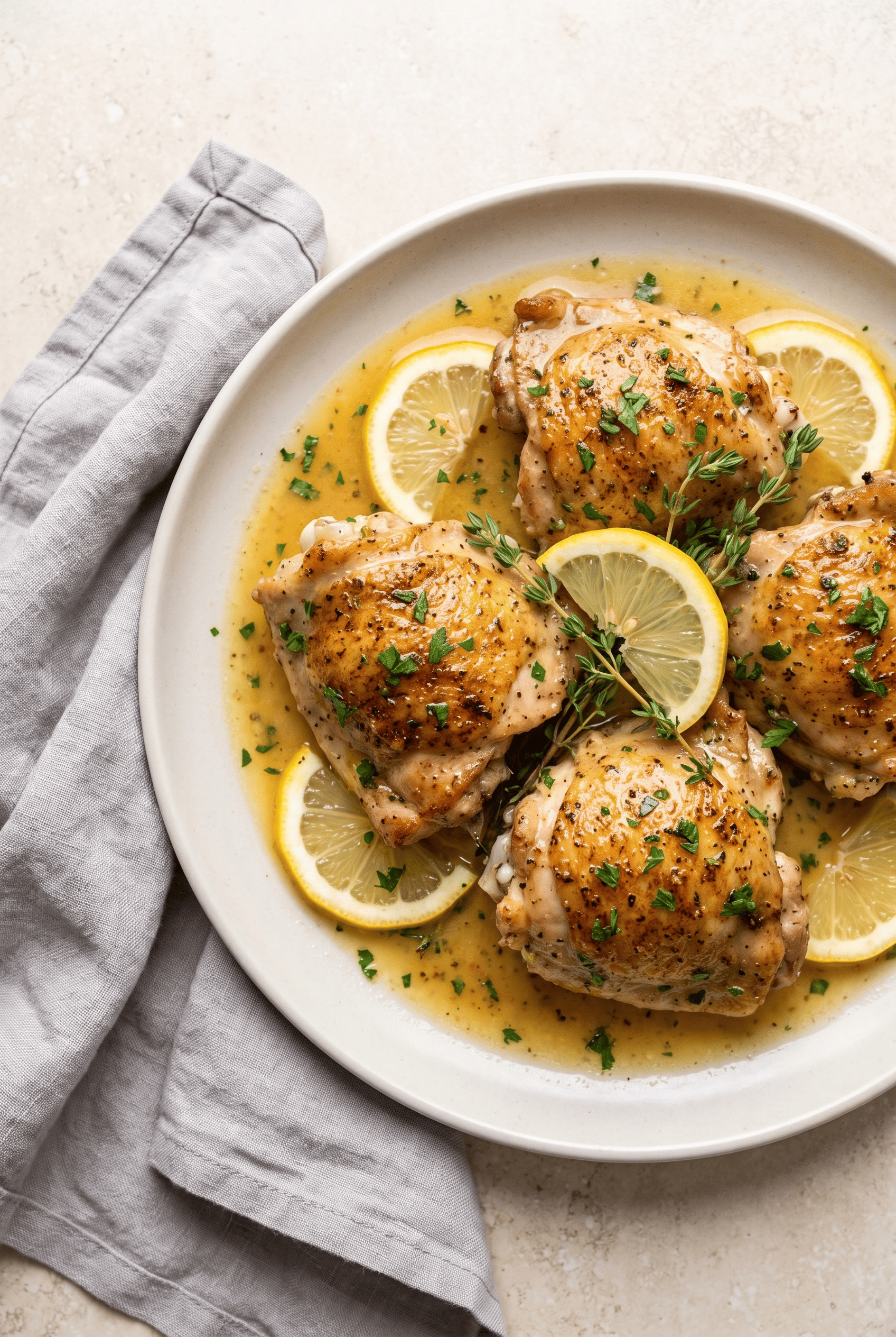 Crockpot lemon herb chicken thighs in pan juices with lemon slices and fresh thyme sprigs