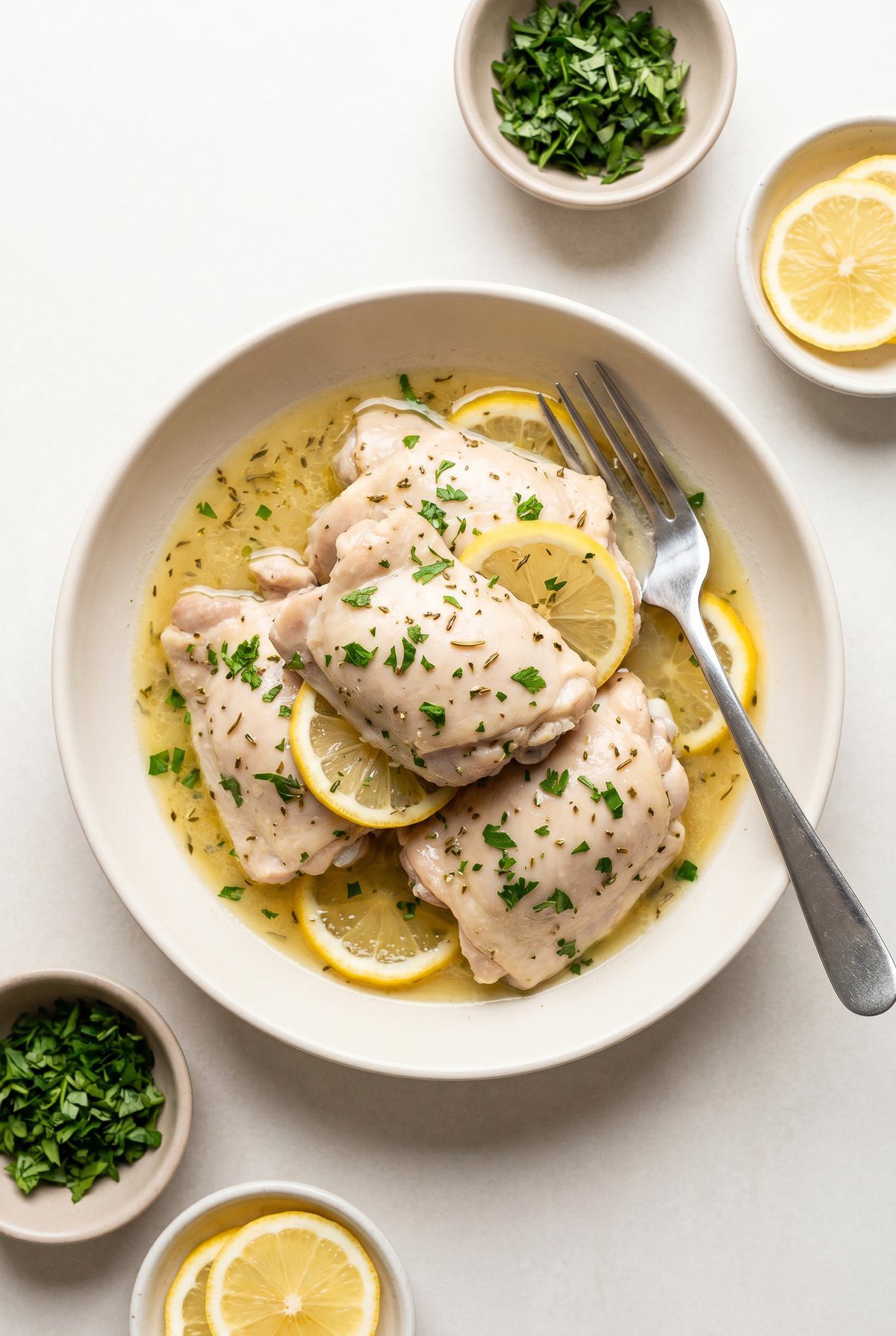 Overhead view of crockpot lemon herb chicken