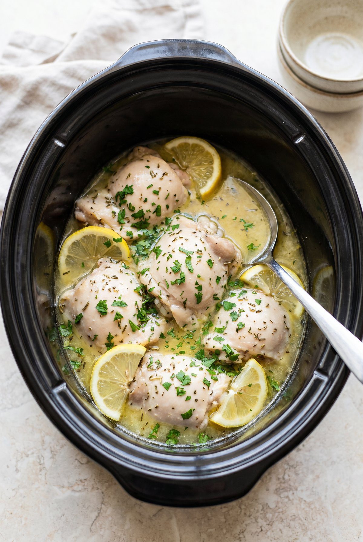 Crockpot Lemon Herb Chicken finished in the slow cooker