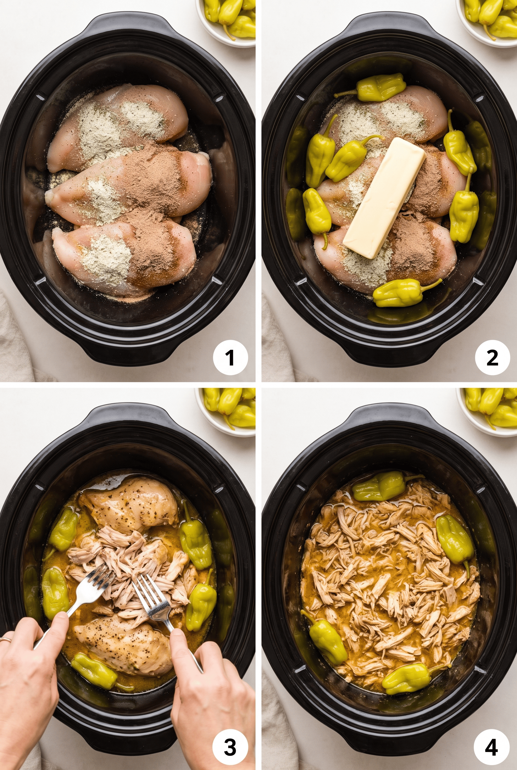 Step by step process collage for making crockpot mississippi chicken