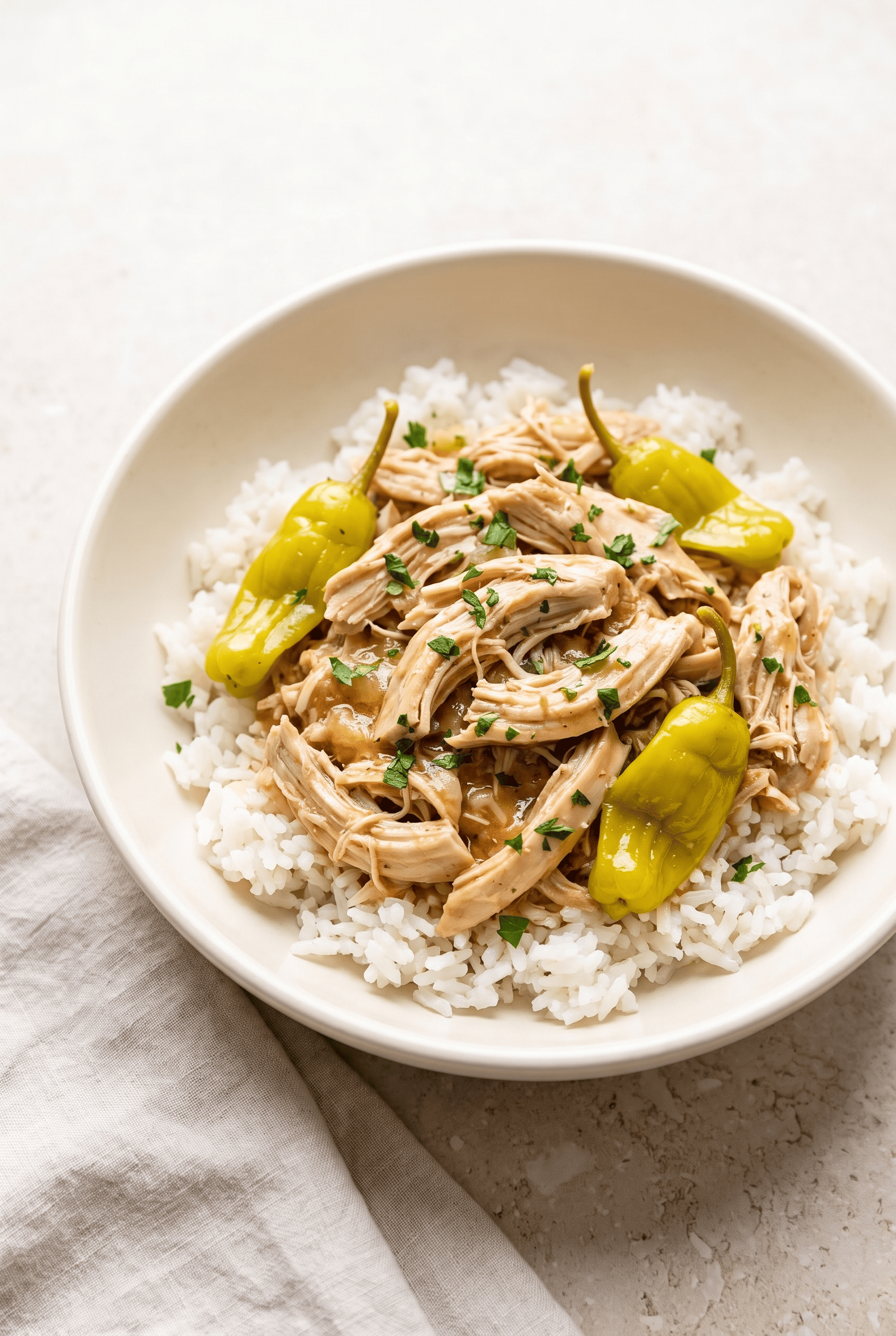 Shredded crockpot Mississippi chicken over white rice with whole pepperoncini peppers