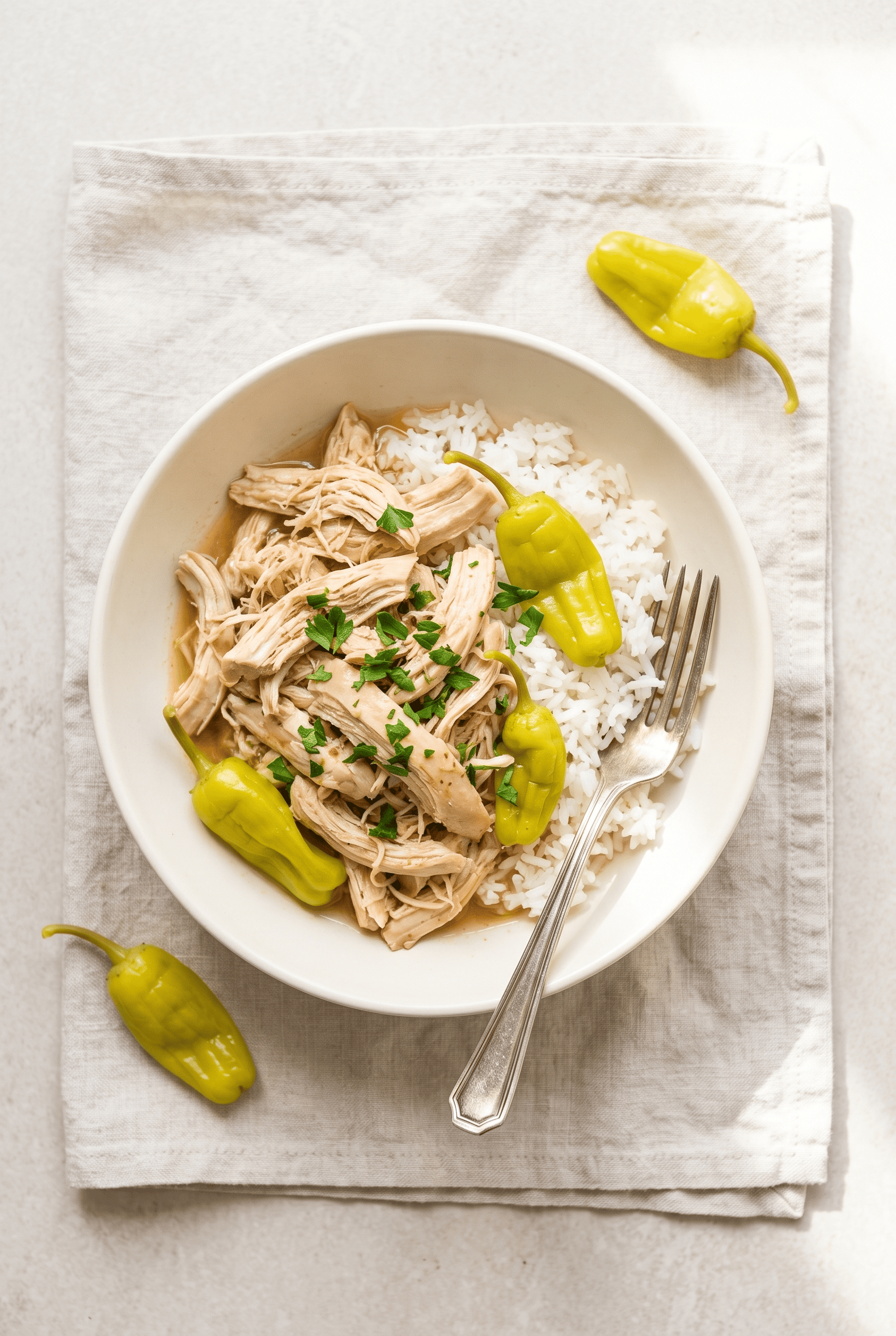 Overhead view of crockpot mississippi chicken