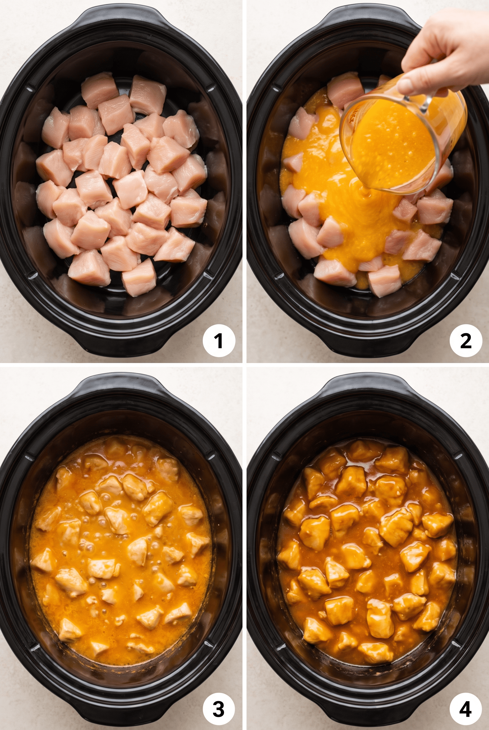 Step by step process collage for making crockpot orange chicken