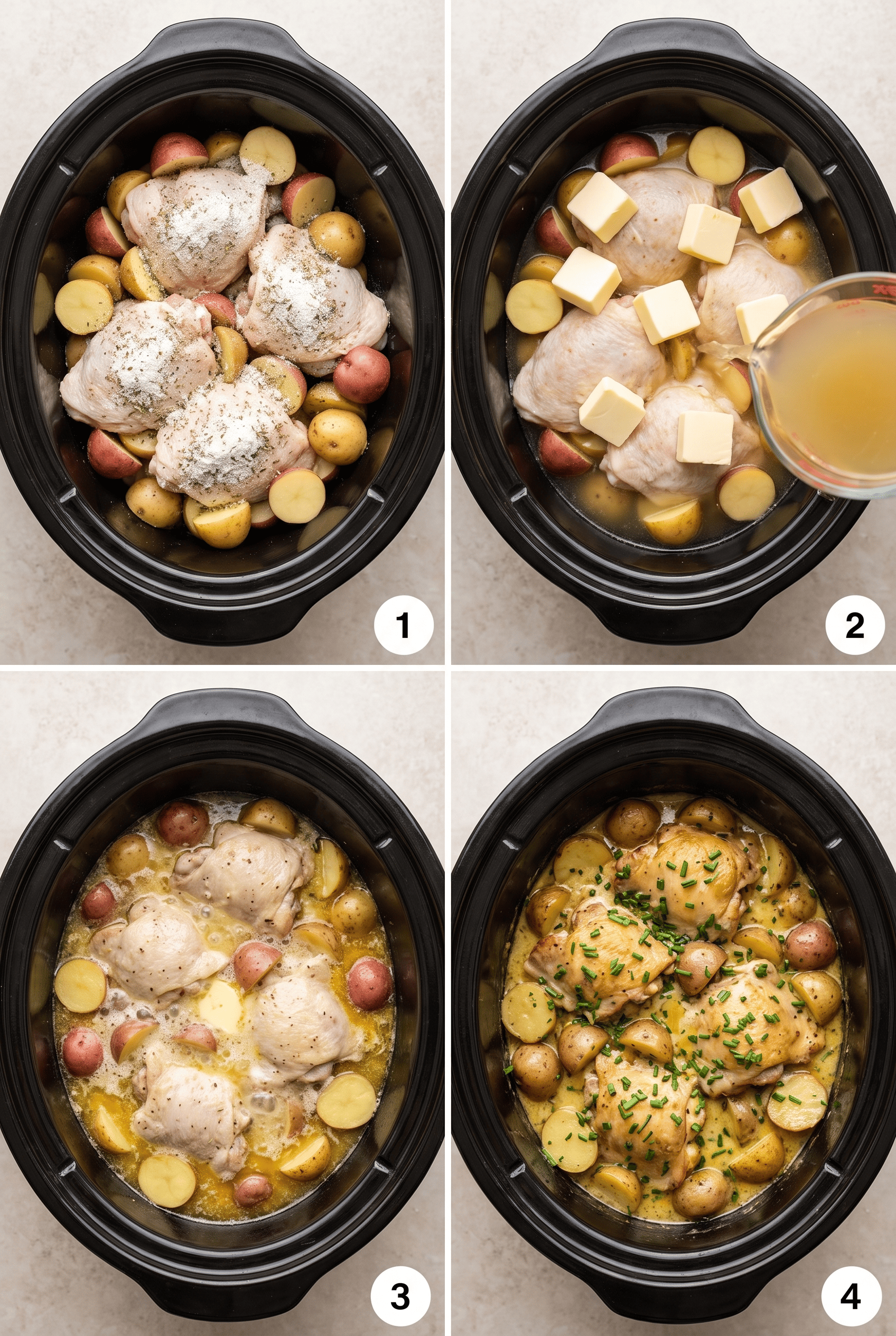 Step by step process collage for making crockpot ranch chicken and potatoes