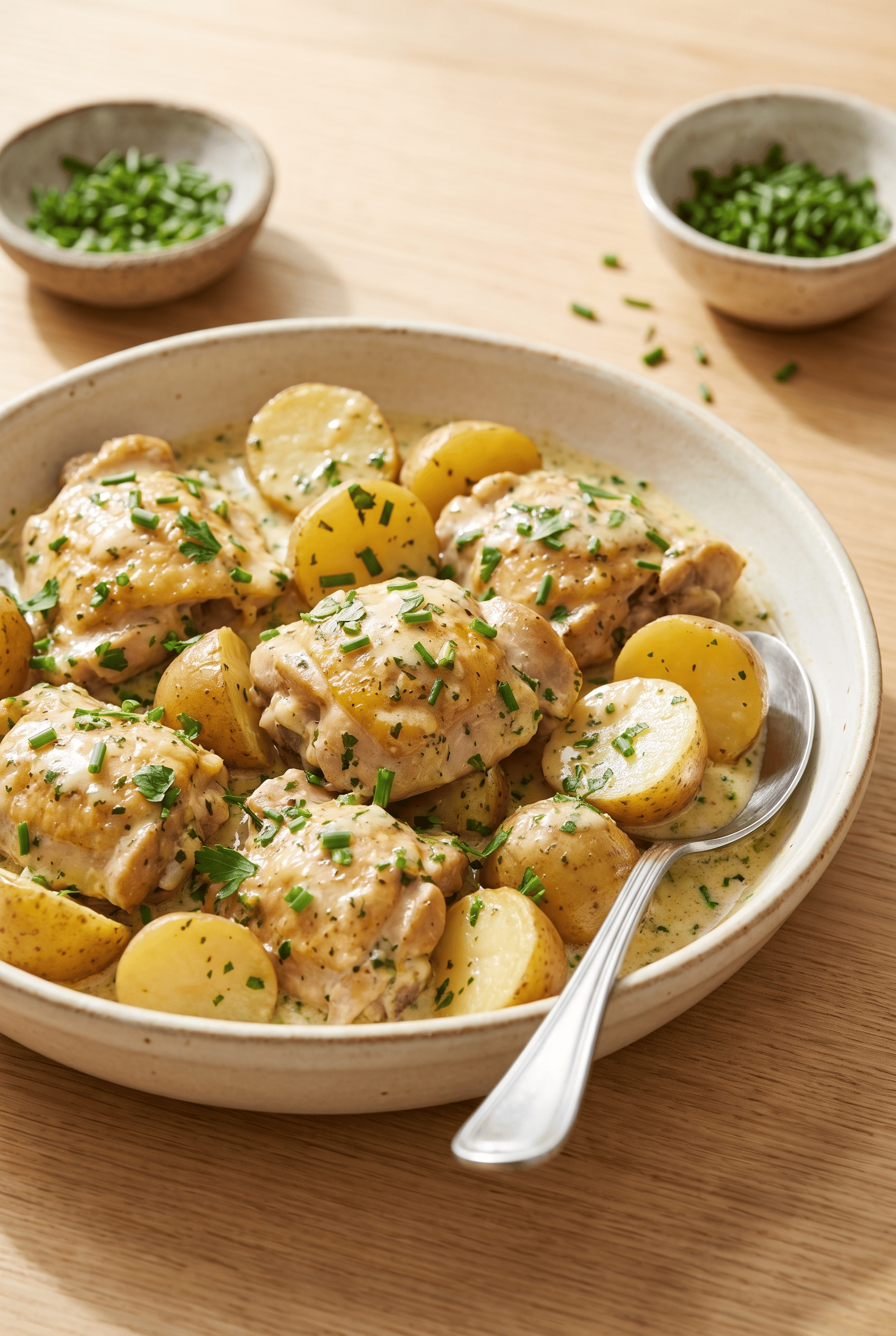 Crockpot ranch chicken and potatoes, chicken thighs and halved baby potatoes in a creamy herb sauce