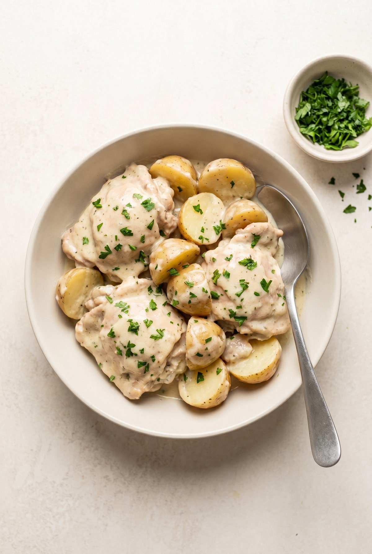 Overhead view of crockpot ranch chicken and potatoes