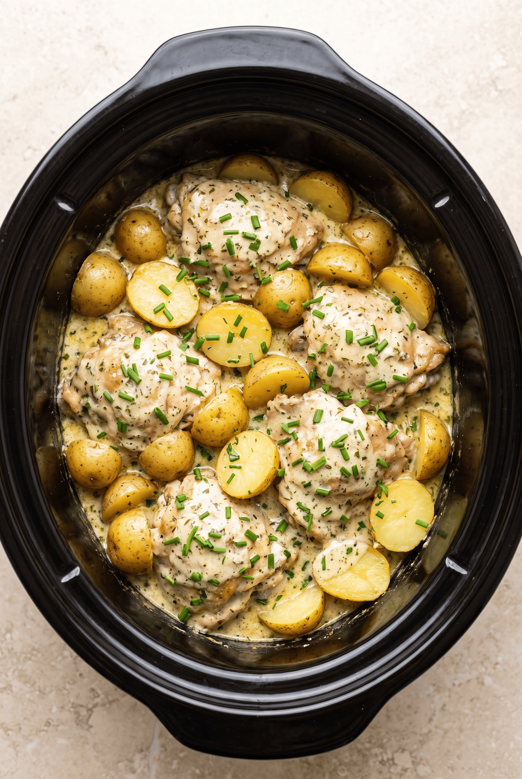 Crockpot Ranch Chicken and Potatoes finished in the slow cooker