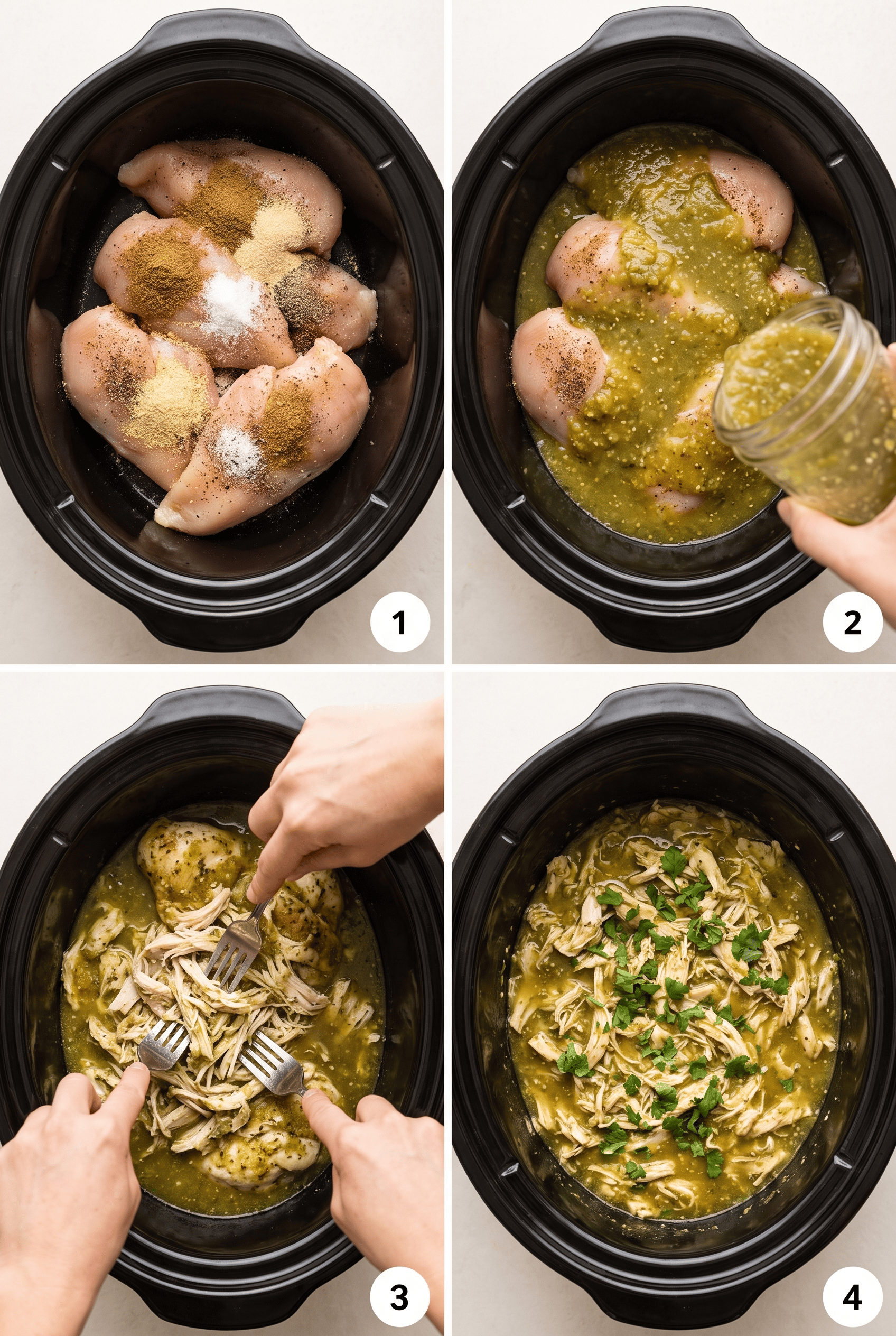 Step by step process collage for making crockpot salsa verde chicken