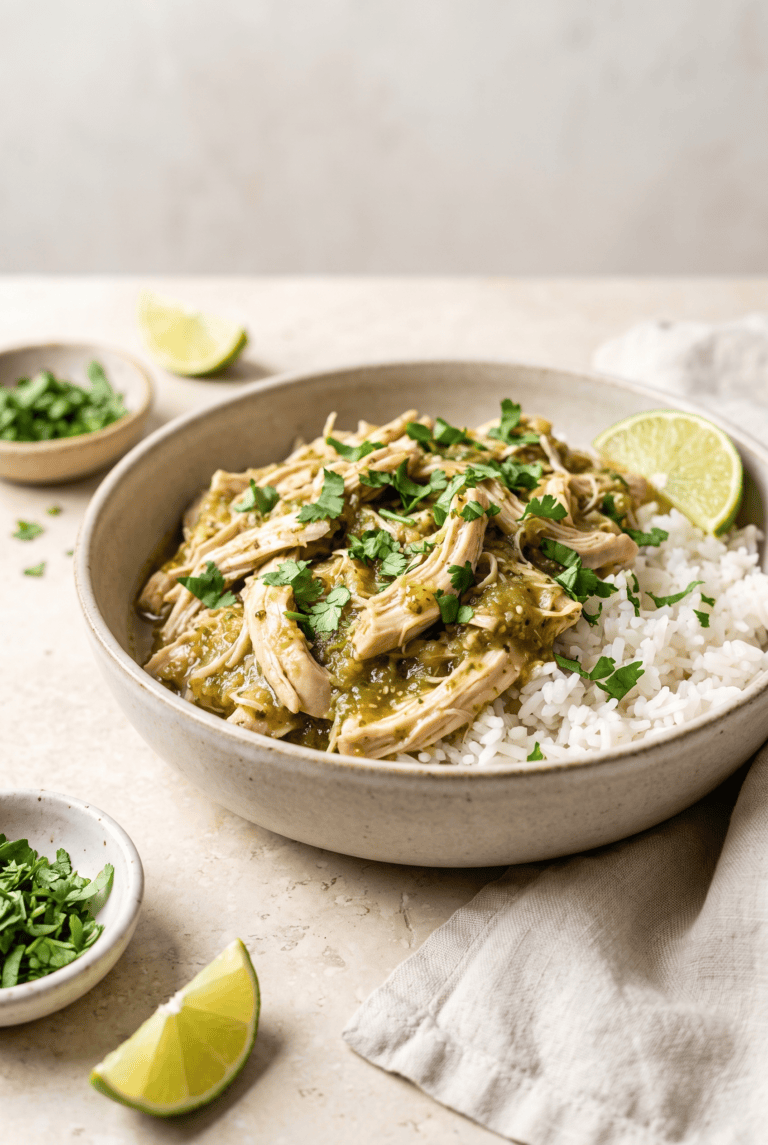 Crockpot salsa verde chicken over rice, garnished with cilantro and lime