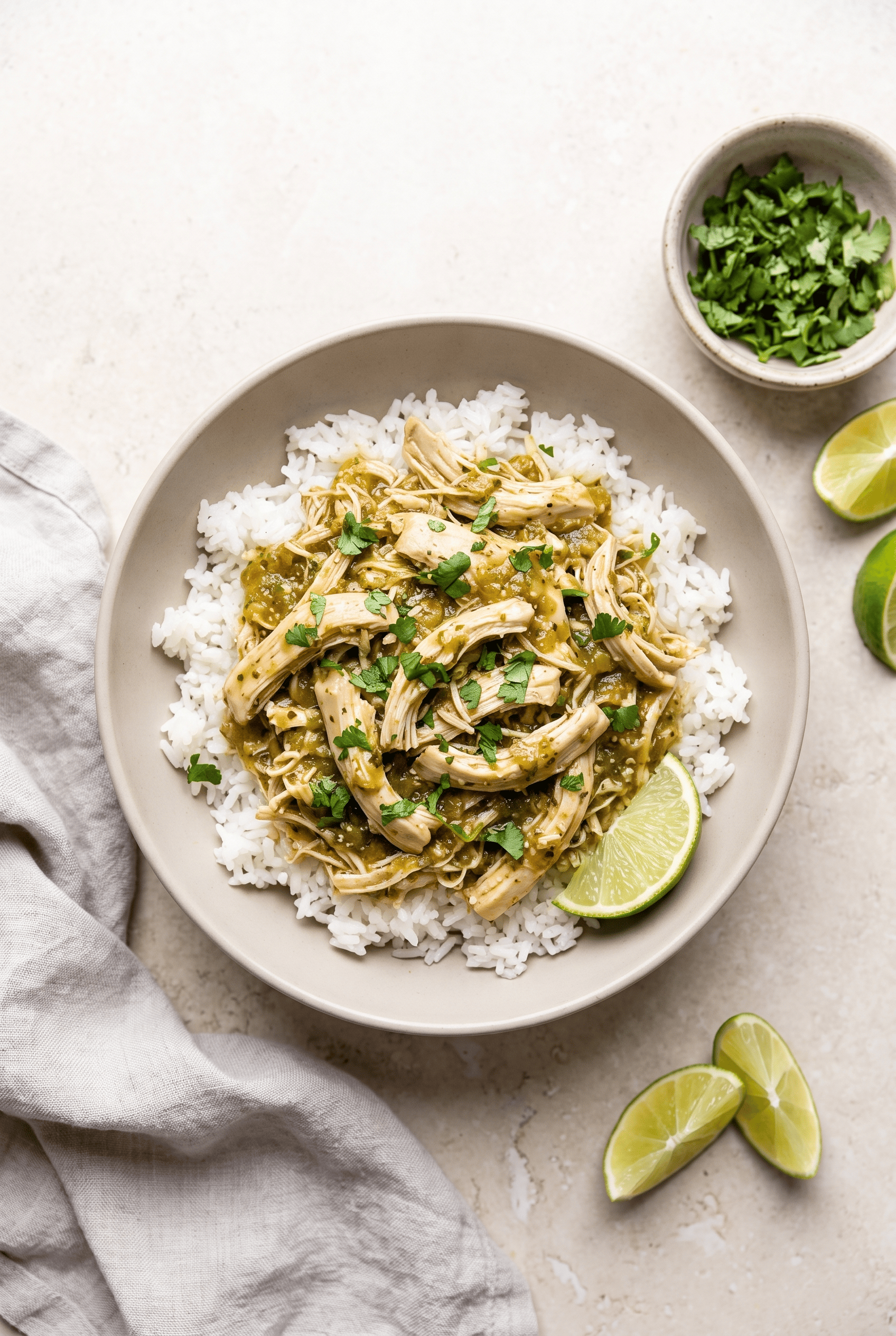 Overhead view of crockpot salsa verde chicken over rice