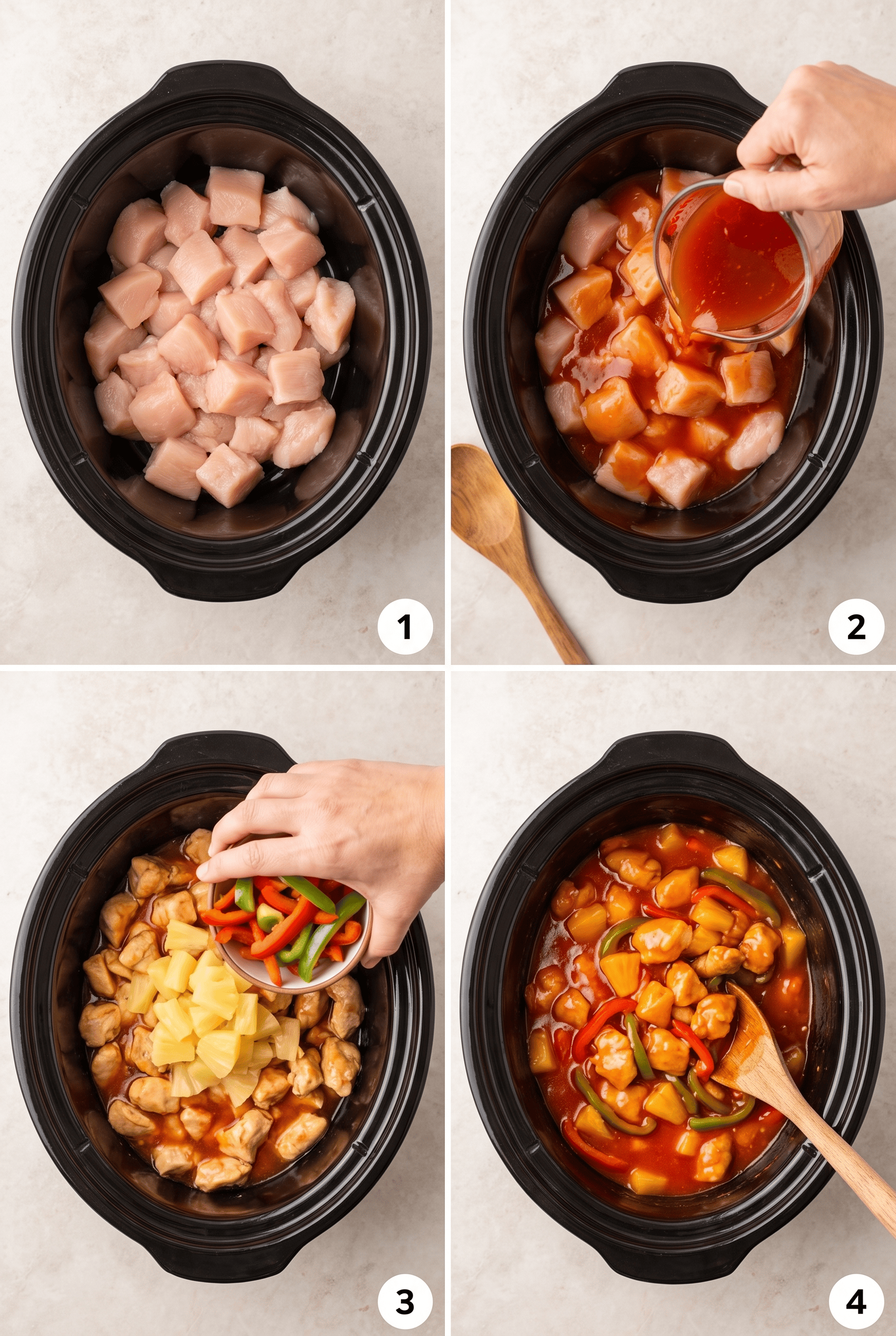 Step by step process collage for making crockpot sweet and sour chicken