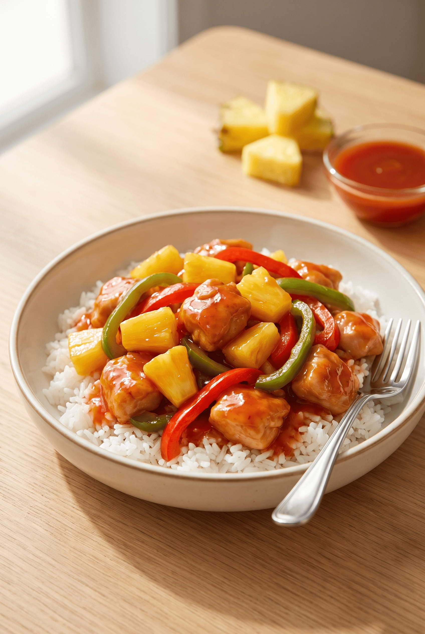 Crockpot sweet and sour chicken with pineapple chunks and bell peppers over white rice
