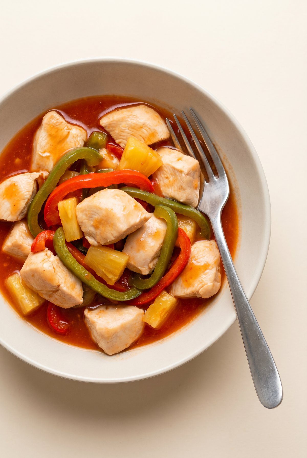 Overhead view of crockpot sweet and sour chicken