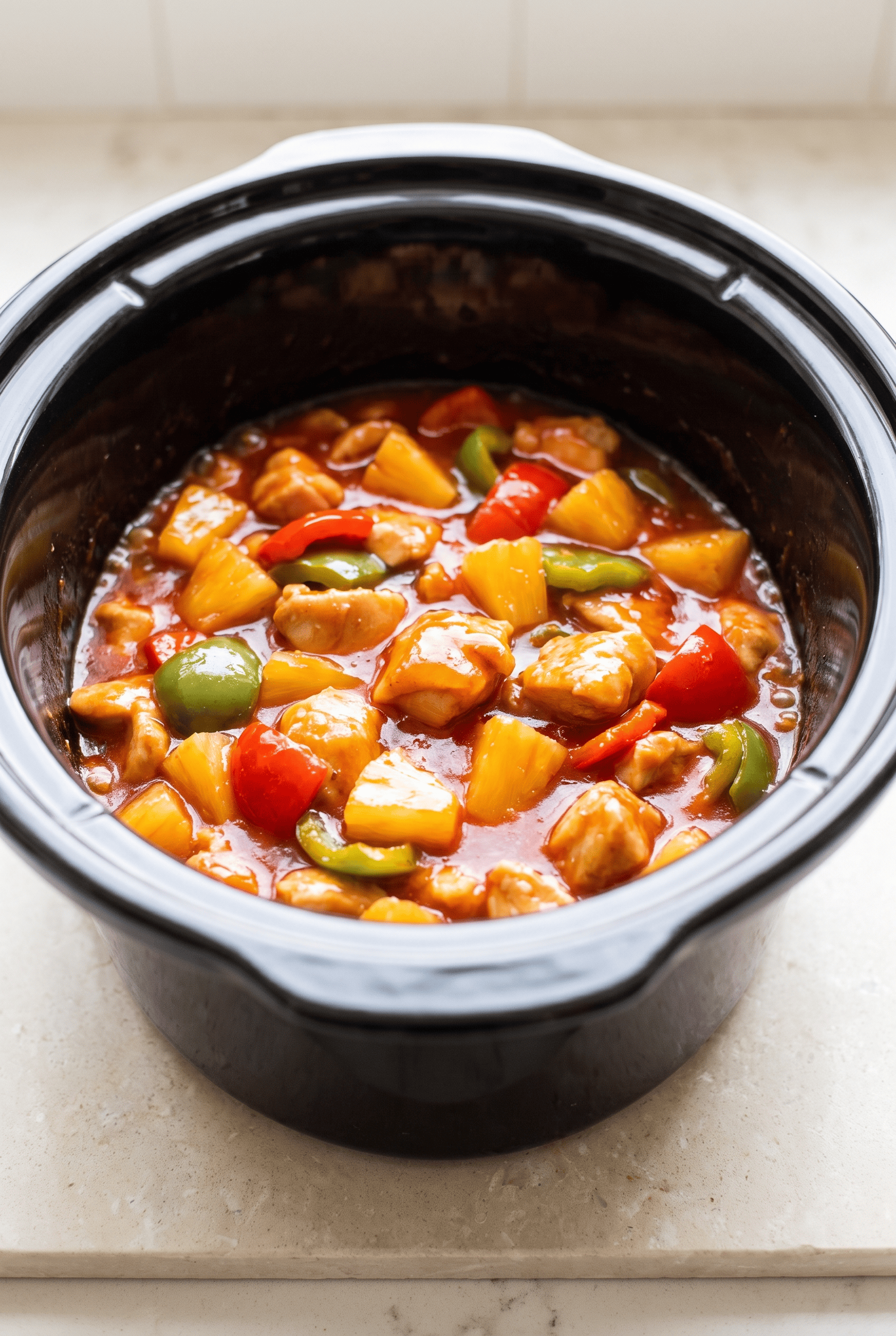 Crockpot Sweet and Sour Chicken finished in the slow cooker