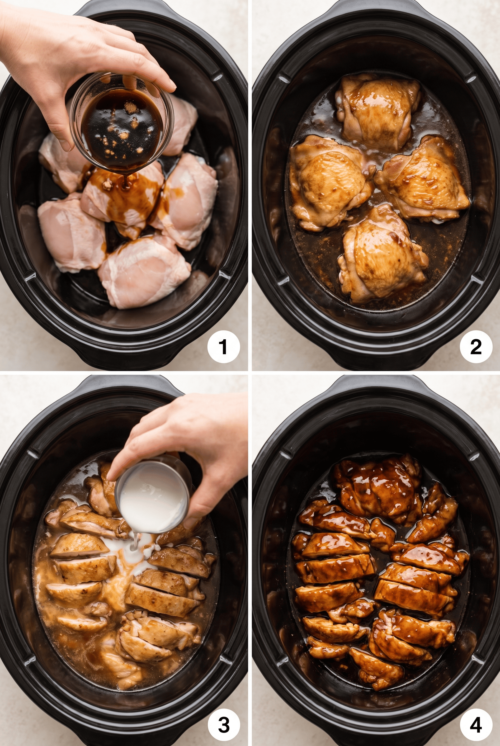 Step by step process collage for making crockpot teriyaki chicken