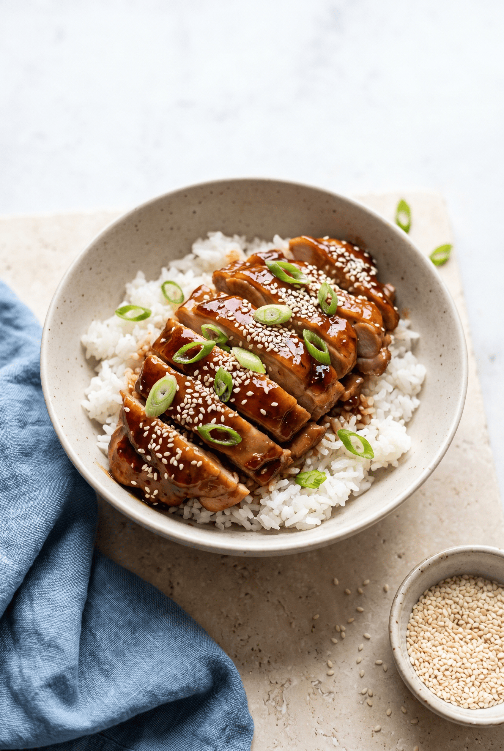 Sliced crockpot teriyaki chicken over white rice with sesame seeds and green onion