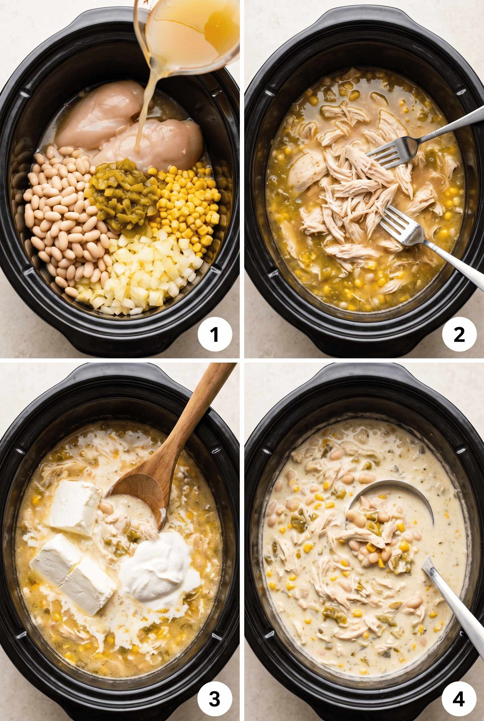 Step by step process collage for making crockpot white chicken chili