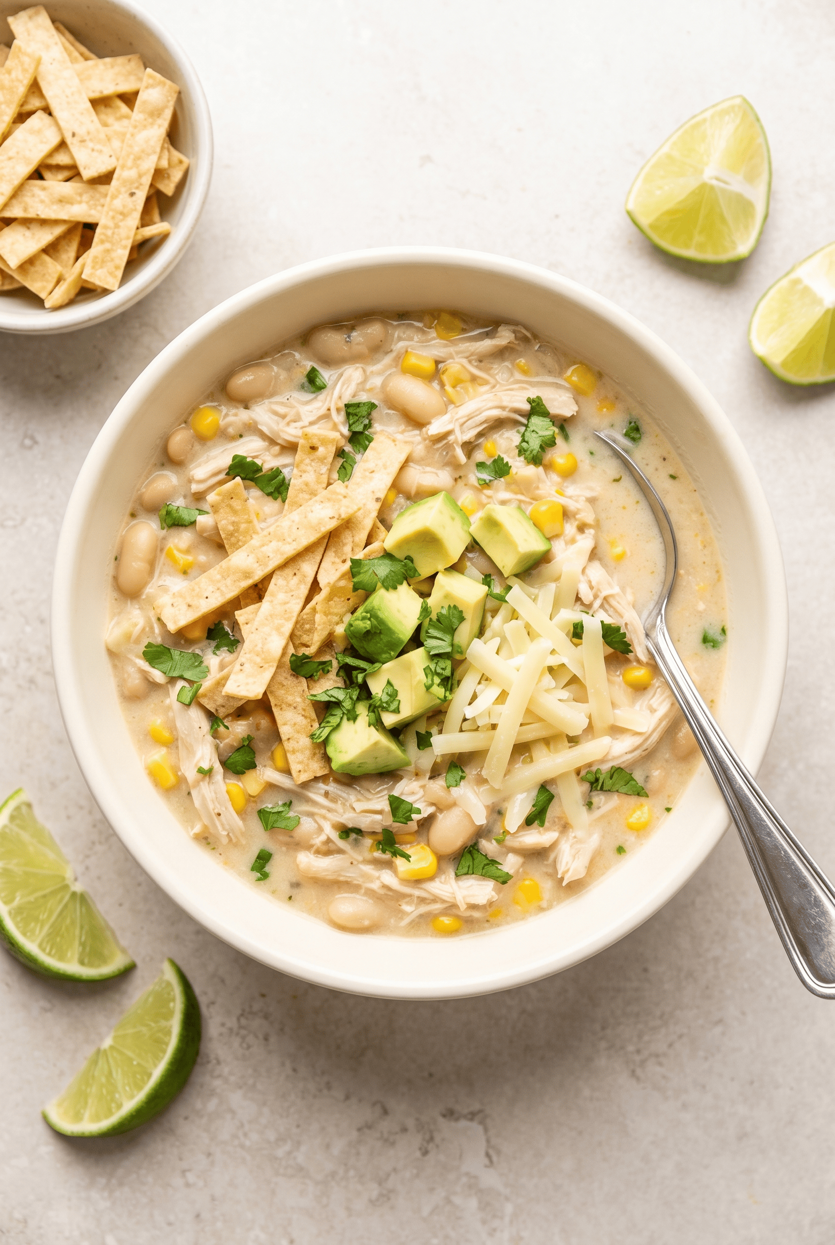 Overhead view of crockpot white chicken chili