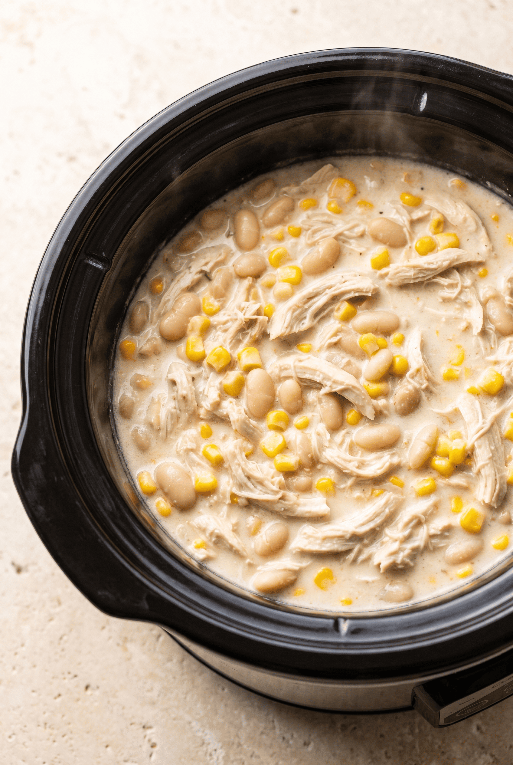 Crockpot White Chicken Chili finished in the slow cooker
