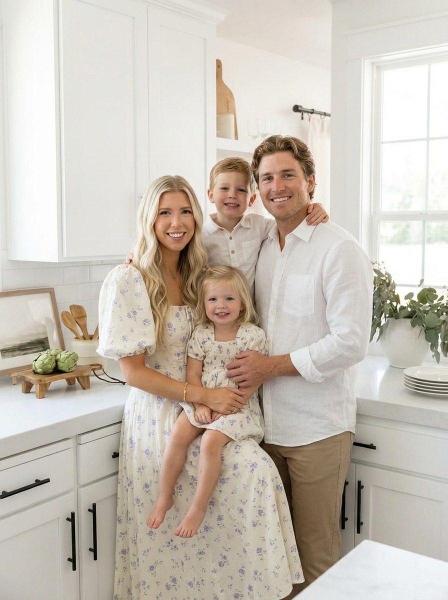Emily with two of her kids in the kitchen