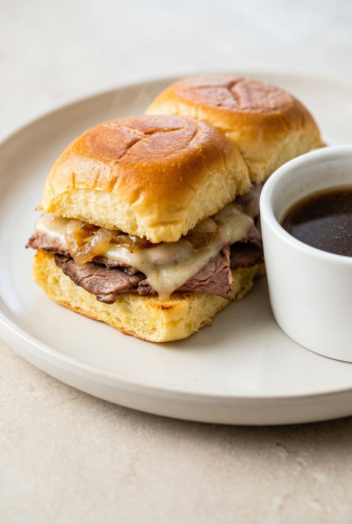 Close-up of French Dip Sliders