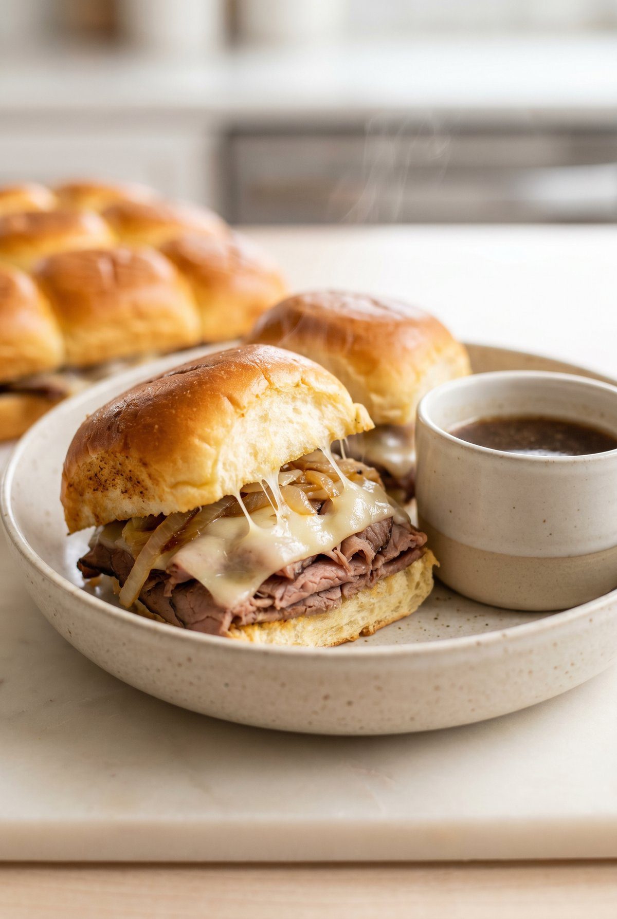 French Dip Sliders served and ready to eat