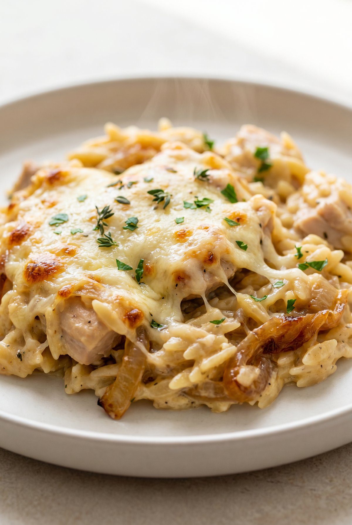 Close-up of French Onion Chicken Orzo