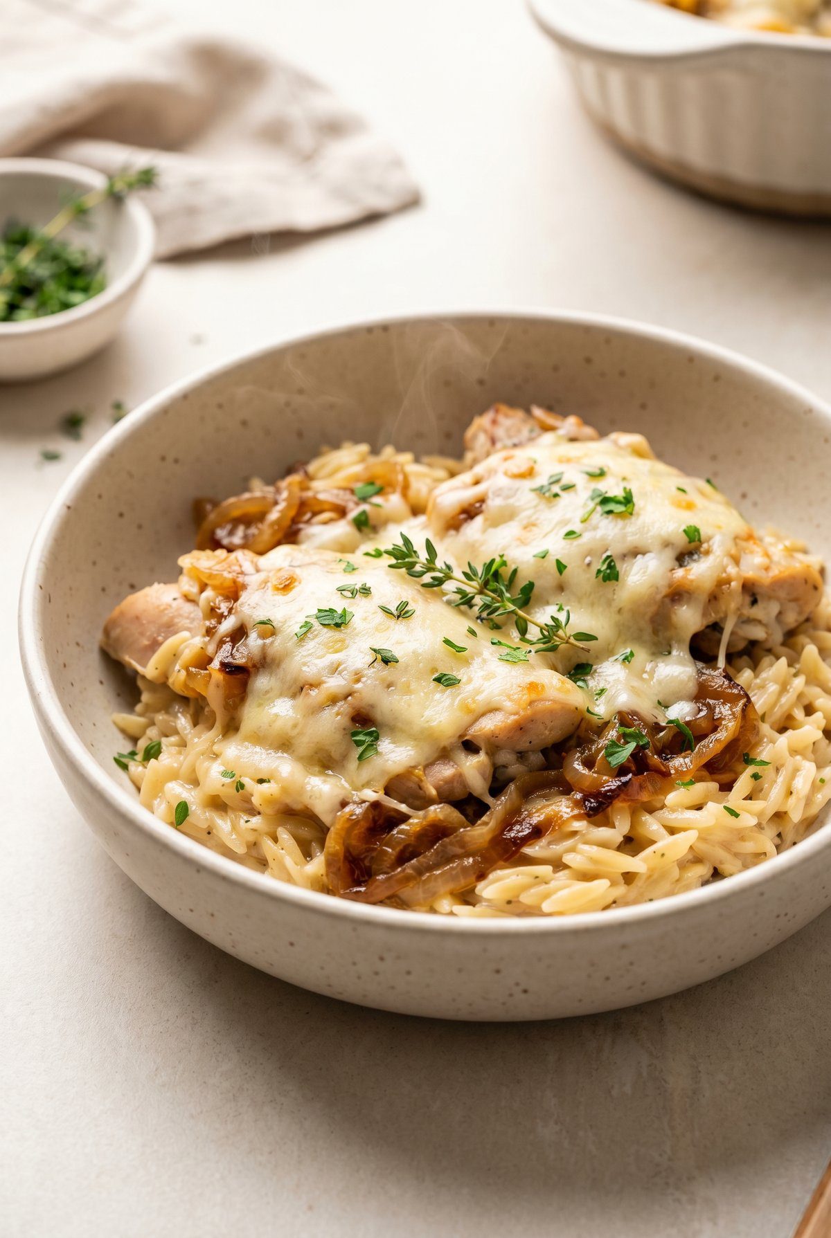 French Onion Chicken Orzo served and ready to eat