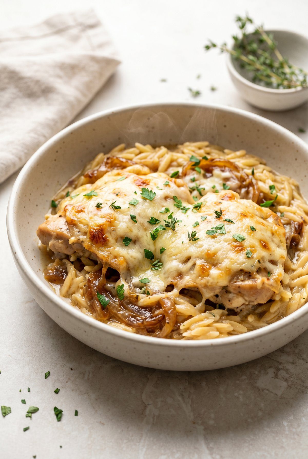 French Onion Chicken Orzo ready to serve
