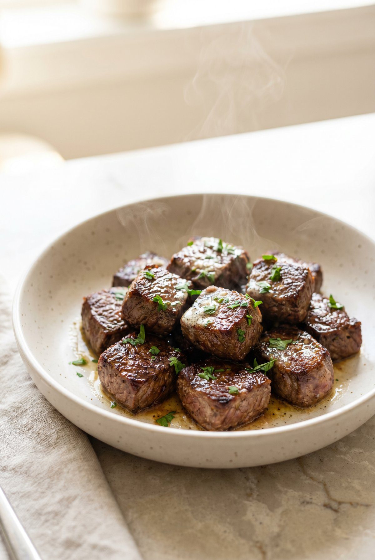 Garlic Butter Steak Bites served and ready to eat