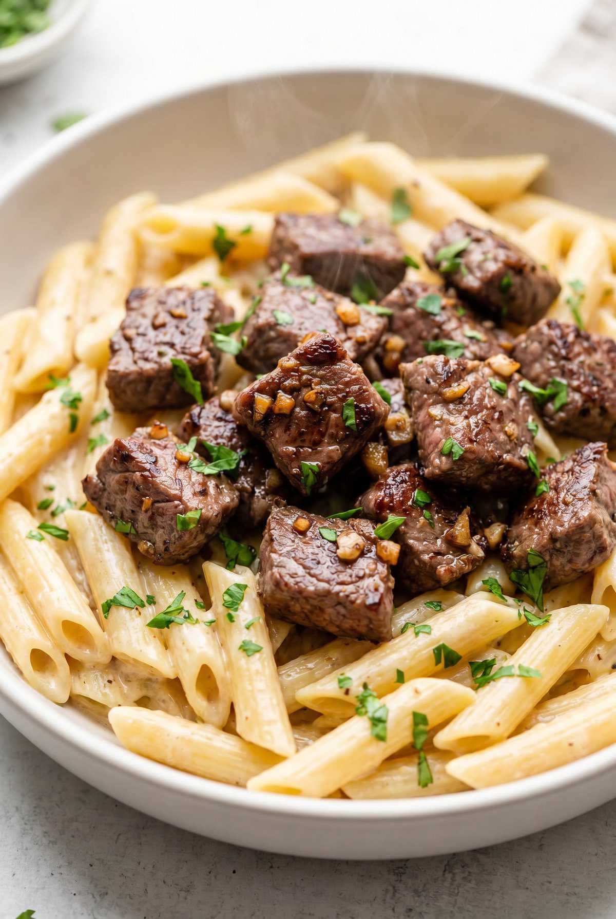 Close-up of Garlic Butter Steak Pasta