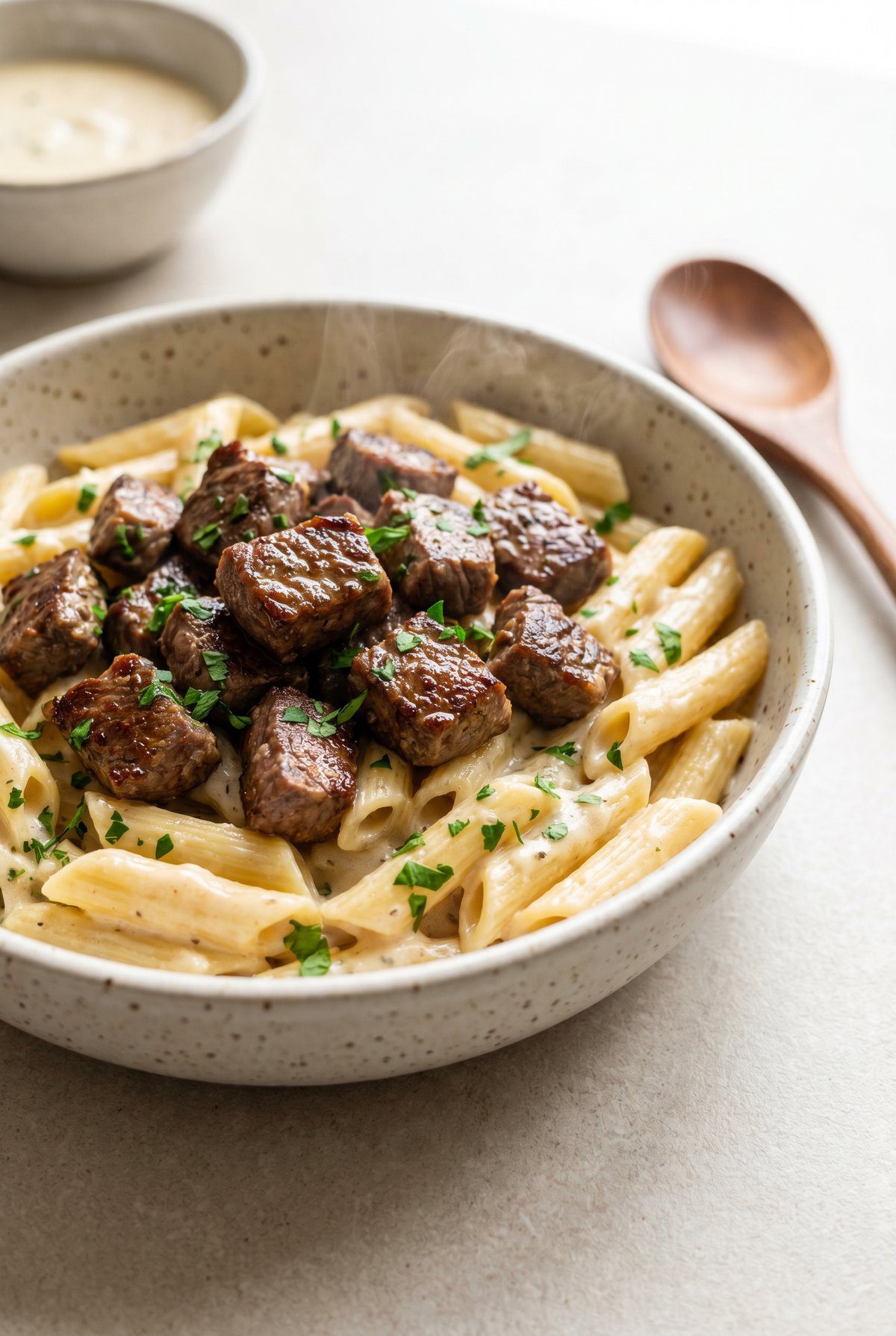 Garlic Butter Steak Pasta served and ready to eat