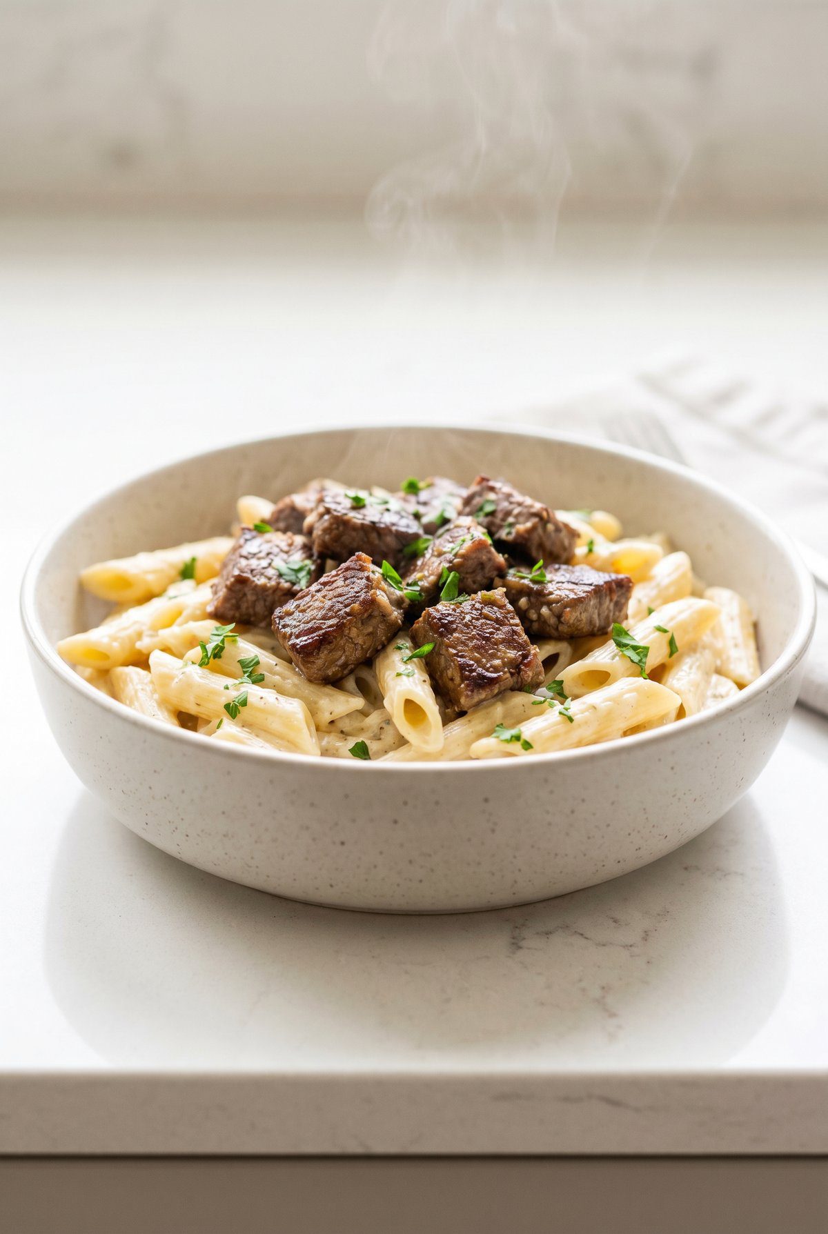 Garlic Butter Steak Pasta ready to serve
