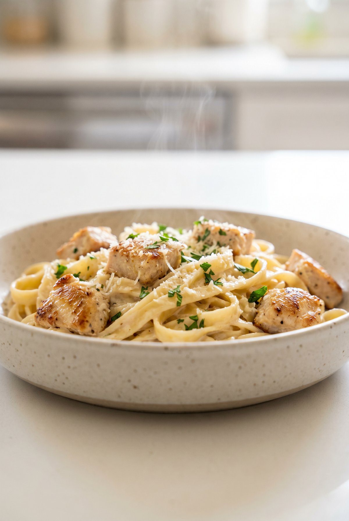Garlic Parmesan Chicken Pasta ready to serve