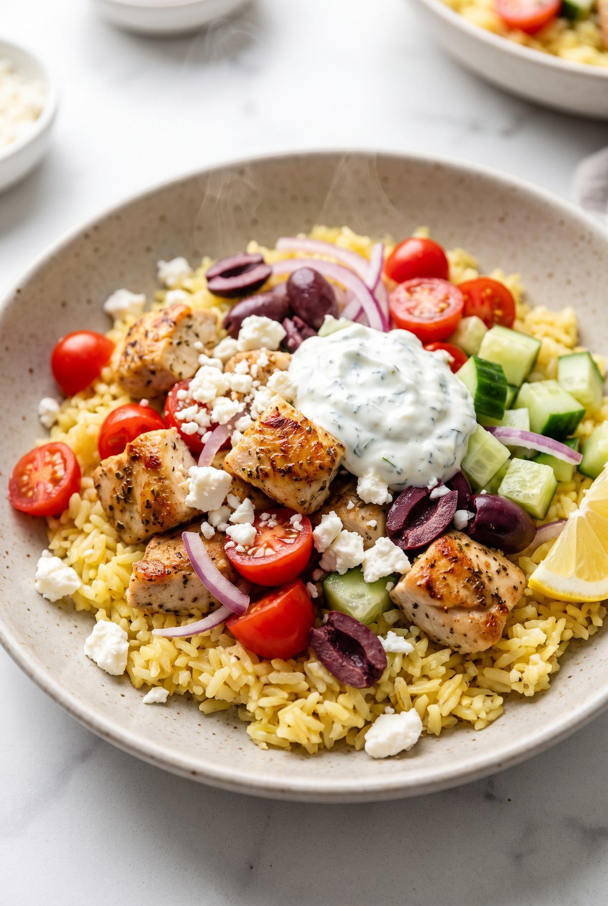 Greek Chicken Bowl served and ready to eat