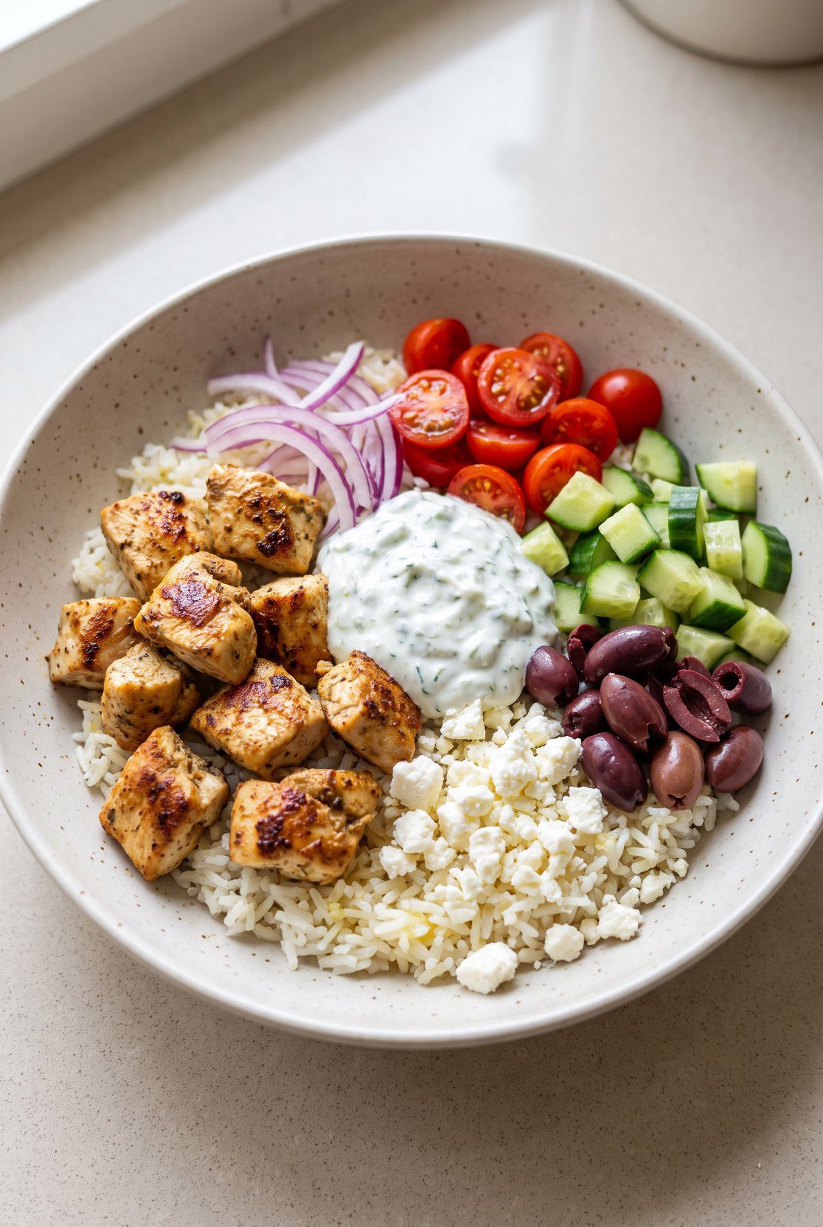 Greek Chicken Bowl ready to serve