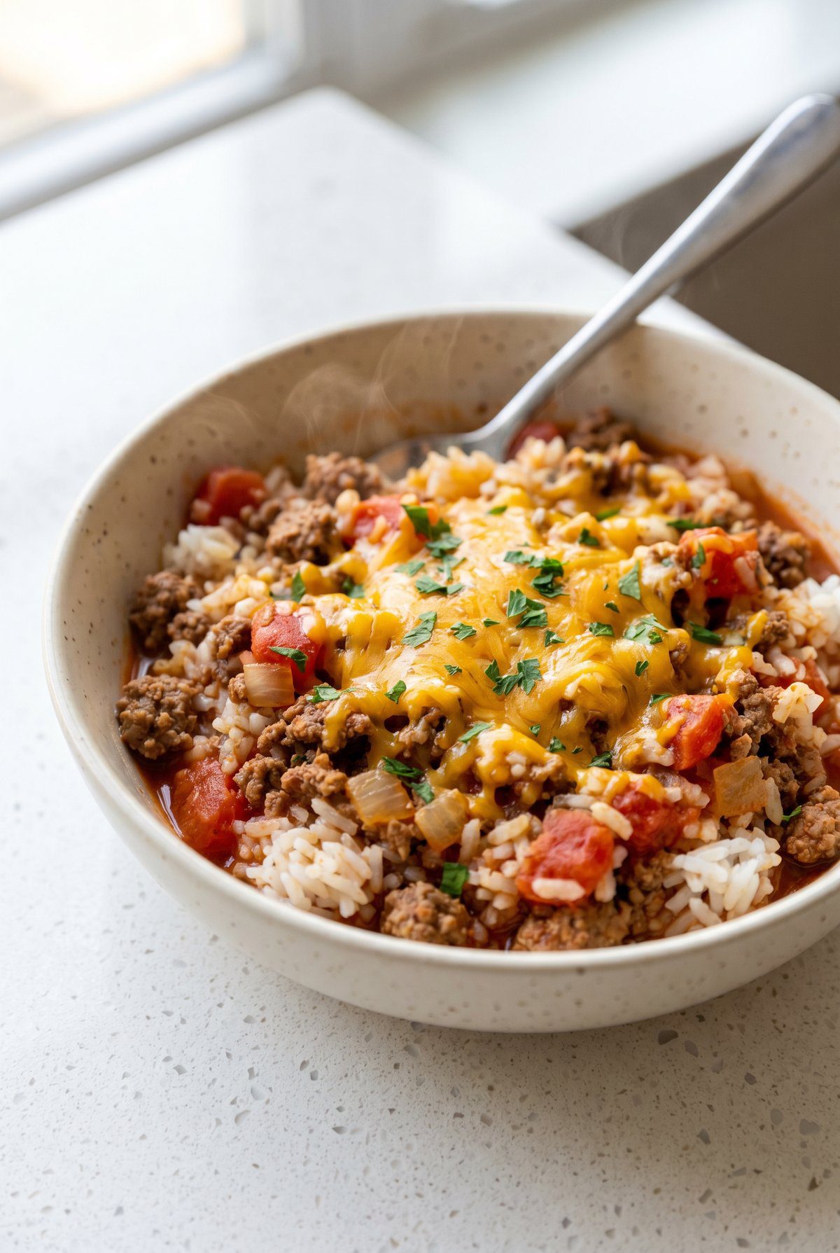 Ground beef and rice in a bowl with diced tomatoes and melted cheddar, topped with parsley